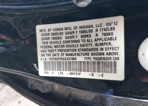 2012 Honda Civic Lx из США, поврежденный, VIN 19XFB2F55CE347869